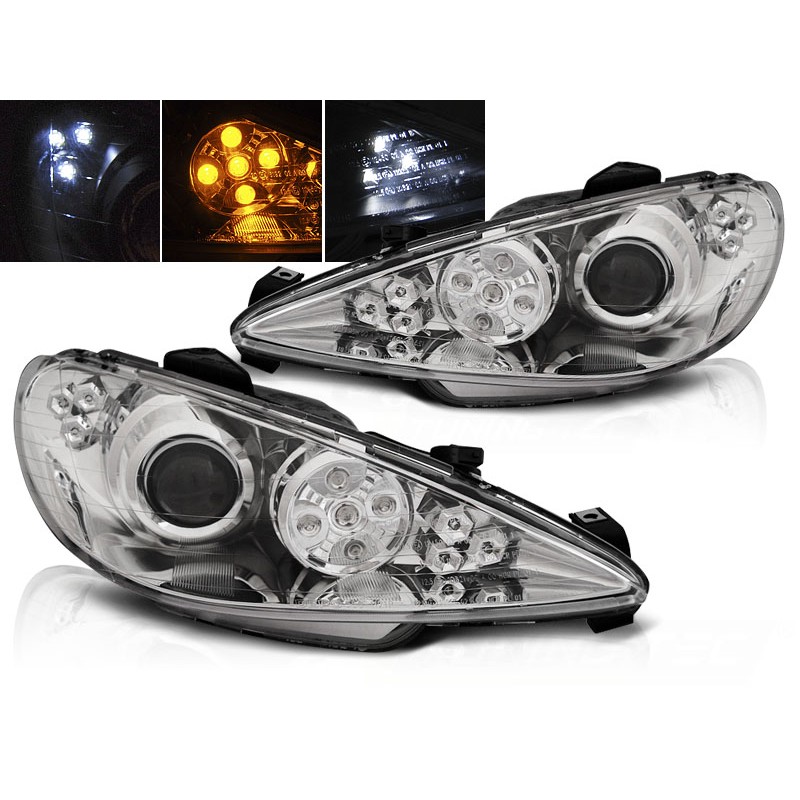 Phares Avant Peugeot 206 2002 à Angel Eyes Led Chrome 